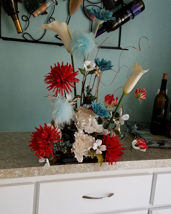 Home Decor Floral Arrangement Turquoise red Centerpiece Buffet | Etsy