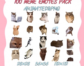 May include: A pink background with a white border features a grid of 20 animated cat meme emotes. The text "100 MEME EMOTES PACK ANIMATED&PNG" is at the top of the image. The text "28×28 56×56 112×112 TWITCH&DISCORD EMOTES" is at the bottom of the image.