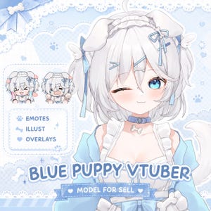 Op de afbeelding: Digitale illustratie van een anime-stijl personage met blauwe ogen, wit haar en hondachtige kenmerken, knipogend. Het personage draagt een blauwe jurk en kraag. Tekst luidt "BLUE PUPPY VTUBER" en "MODEL FOR SELL".