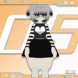 May include: A digital illustration of a cartoon character with a dog-like appearance. The character wears glasses, a black and white striped shirt with a broken heart design, and a black skirt. The background is a light orange color with geometric shapes.