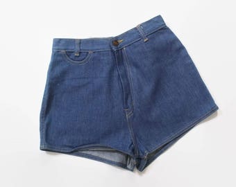 Vintage 70s JEAN SHORTS / 1970s High Waisted Blue DENIM Buckleback Hot Pants xs - s