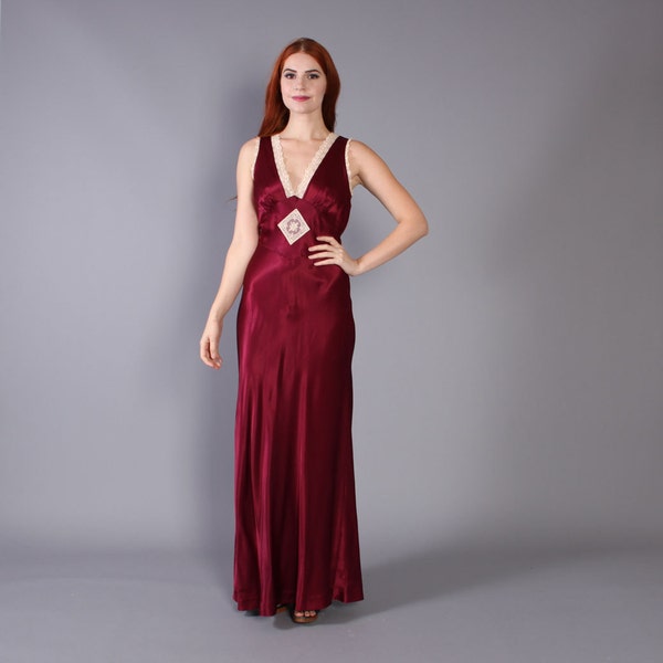 70s does 30s MAXI DRESS / 1970s Burgundy Satin & Lace Young Edwardian Gown, xs-s...Sale