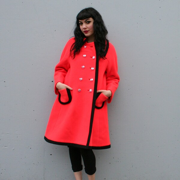 1960s Mod WINTER COAT / Bright Orange A-Line Wool, s-m