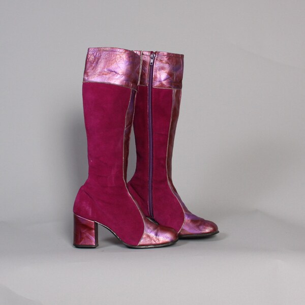 70s Metallic MAGENTA BOOTS / Tall Suede & Marbled LEATHER Boots, 6