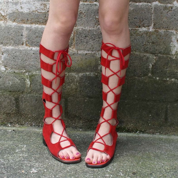 CHERRY RED Suede Lace Up Gladiator Boots, 8-8.5