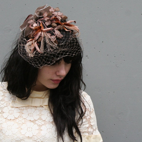 TAUPE Velvet Leaves & Feathers Veil Fascinator Hat