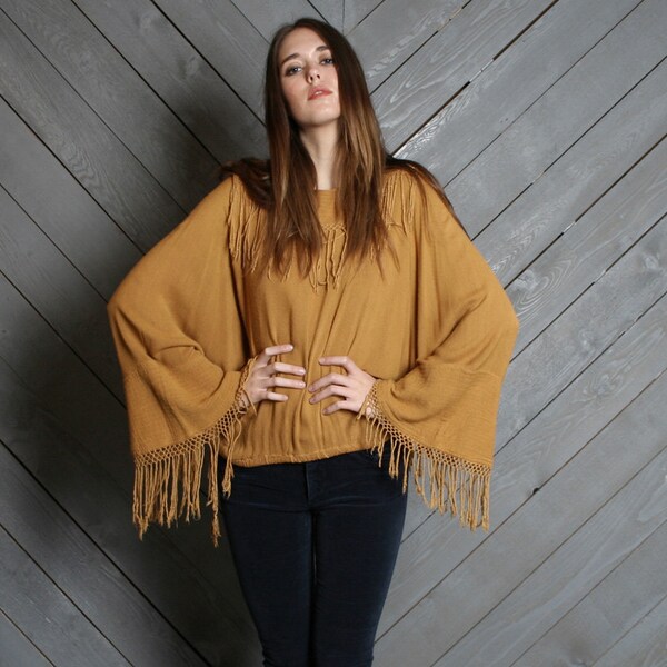 1980s BATWING TOP / Fringed Draped Gold Blouse