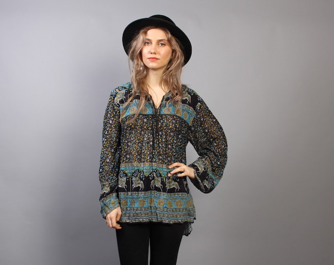 70s INDIAN Cotton TOP / Sheer Ethnic Horse Riders Print Gauze - Etsy