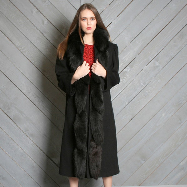 1980s WINTER COAT / Black Wool with Huge Real Fox Tails, s-m