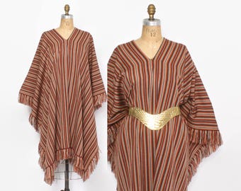 Vintage 70s PONCHO CAPE / 1970s Striped Mexican Blanket Style Fringe Cape