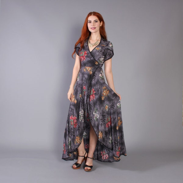 70er Jahre dark FLORAL WRAP DRESS / flattern Sleeve stürzen Halsausschnitt Maxi, Xs-s