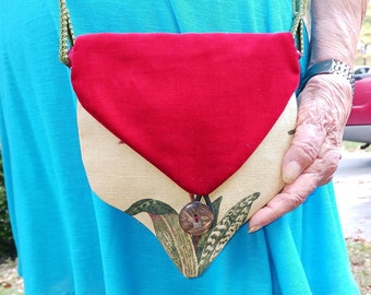 ONE-OF-A-KIND: Tear Drop Bag, Linen with Orchid Details and Red Velveteen Flap