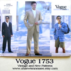 May include: Vogue 1753 sewing pattern envelope for a suit jacket, waistcoat, trousers, and shorts. The cover displays three variations: a dark suit, a tan suit with a waistcoat, and a blue plaid blazer with shorts, all worn over a white t-shirt.