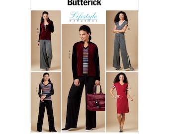 Könnte beinhalten: Butterick Lifestyle Wardrobe Schnittmuster mit verschiedenen Damenbekleidungsdesigns. Das Bild zeigt eine rot-schwarze Jacke, ein rotes Kleid und andere Outfits. Die Schnittmusternummer ist B6600.