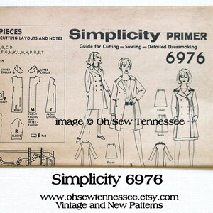 May include: Simplicity Primer 6976 sewing pattern. The vintage pattern features illustrations of a double-breasted coat and dressmaking instructions. The pattern includes cutting layouts and notes. The image is from Oh Sew Tennessee.