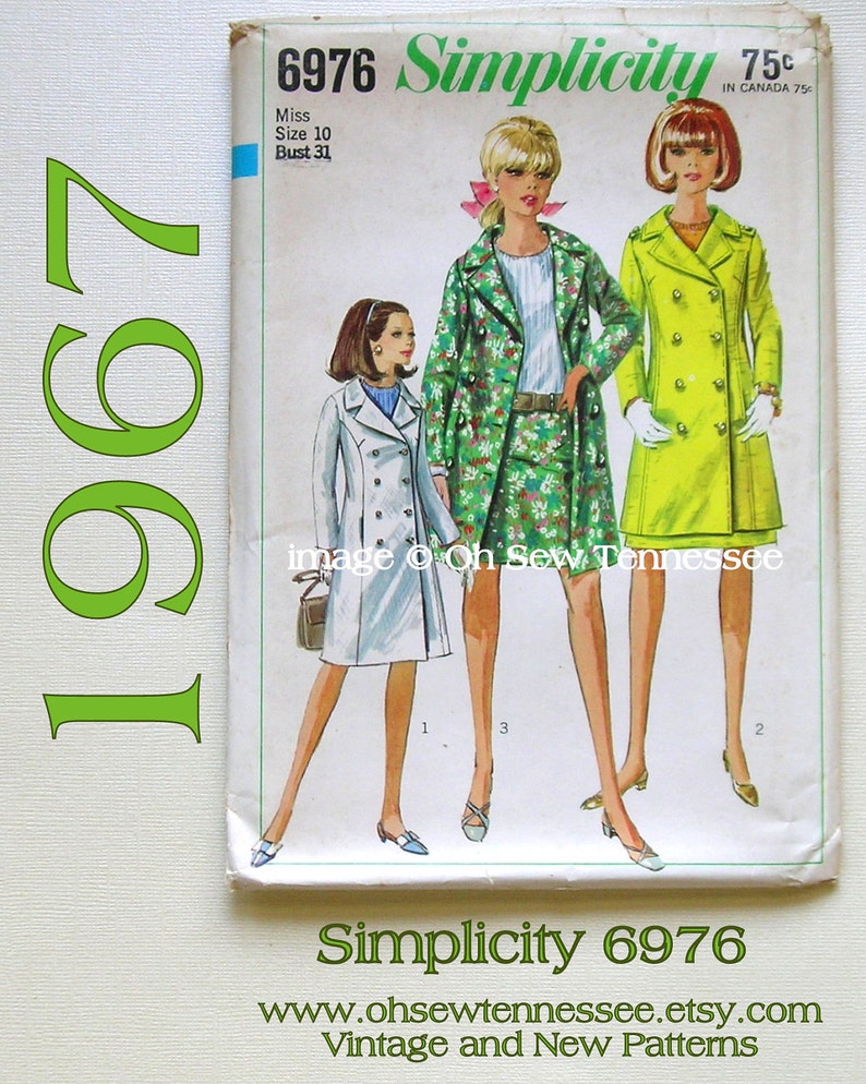 May include: Vintage Simplicity 6976 sewing pattern featuring three illustrated women's outfits. The pattern includes a double-breasted coat, a floral print suit, and a lime green coat. The pattern is from 1967 and is size 10, bust 31 inches.