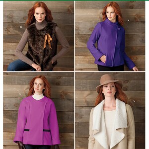 May include: Simplicity 1758 sewing pattern envelope featuring four jacket and vest designs: a brown faux fur vest with a ribbon tie, a purple asymmetrical jacket, a magenta jacket with black pocket details, and a tan jacket with a white sherpa collar.