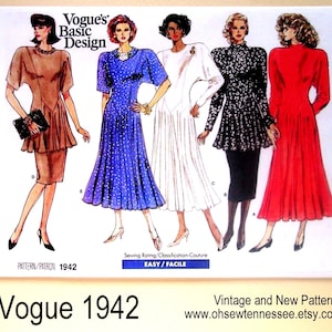 May include: A Vogue Basic Design sewing pattern envelope labeled 1942 featuring illustrations of five different dress styles in brown, blue with white dots, white, black with white patterns, and solid red, all with varied sleeve lengths and silhouettes.