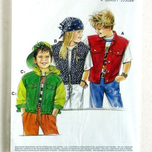 May include: A vintage sewing pattern labelled "neue mode 55 308" with illustrations of children's garments. The pattern shows a red vest, a patterned vest, and a green and yellow jacket. The pattern is for sizes 4/5-10/11.
