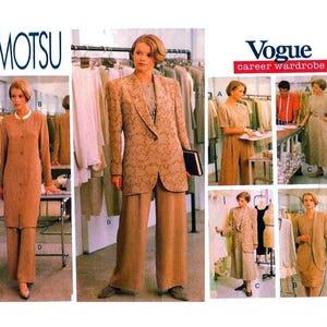 May include: A vintage fashion advertisement featuring women's career wardrobe options. The image showcases various tan and brown suits and dresses, with the "TAMOTSU" and "Vogue career wardrobe" logos prominently displayed.
