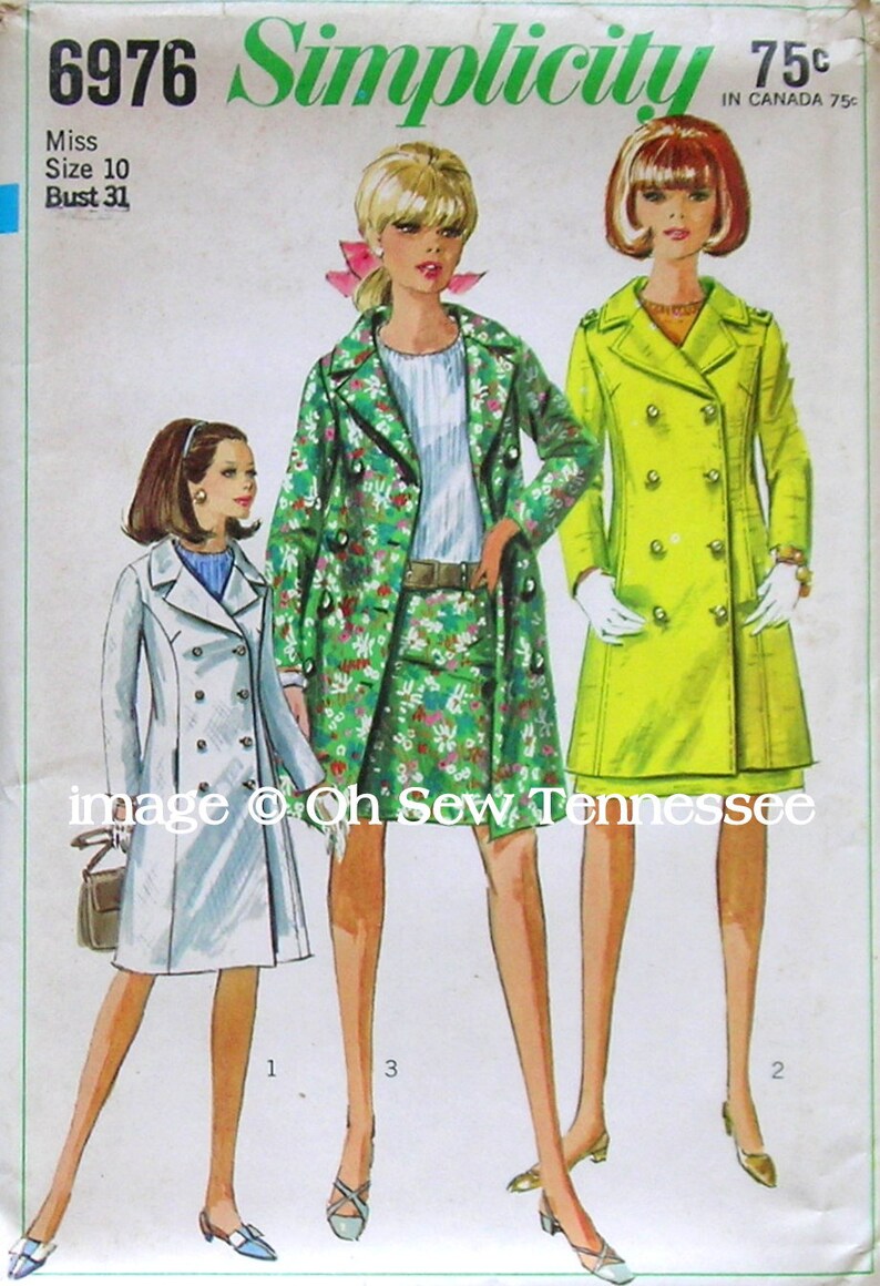 May include: Vintage Simplicity sewing pattern 6976. The pattern features three women's outfits: a double-breasted white coat, a green floral print suit, and a bright yellow coat. The bust size is 31 inches.