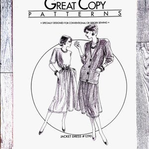 May include: Black and white illustration of a vintage sewing pattern titled "Great Copy Patterns." The pattern features a jacket dress design, with the text "JACKET DRESS #1290." The pattern is specially designed for conventional or serger sewing.