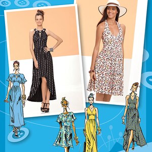 May include: A sewing pattern for a dress with a halter neckline and a high-low hemline. The pattern is inspired by Project Runway and includes five different dress styles. The pattern is Simplicity 1881.