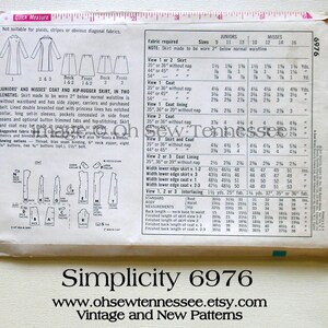 May include: Vintage Simplicity 6976 sewing pattern for juniors' and misses' coat and hip-hugger skirt. Includes fabric requirements and sizing charts. Features the text "Simplicity 6976" and the website "www.ohsewtennessee.etsy.com".