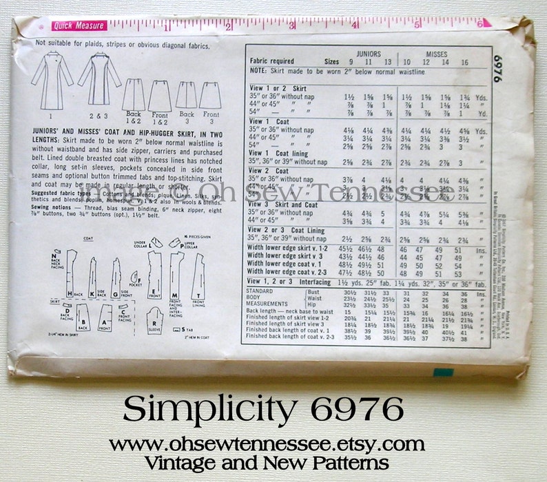May include: Vintage Simplicity 6976 sewing pattern for juniors' and misses' coat and hip-hugger skirt. Includes fabric requirements and sizing charts. Features the text "Simplicity 6976" and the website "www.ohsewtennessee.etsy.com".