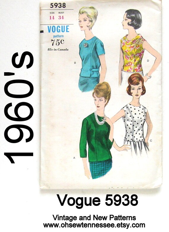 Vogue 5938: Patrón de costura vintage de los años 60 para blusas