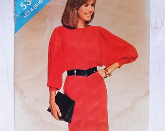 See and Sew 5346:  Vintage Uncut Dress Pattern with Long Bat-Wing Sleeves, Sizes 8, 10, and 12