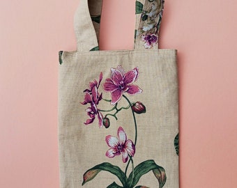 Pure Linen Bag with Phalaenopsis Orchid Botanical Prints, 100% Cotton Lining