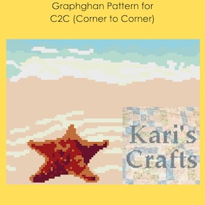 May include: A pixel art pattern for a crochet blanket featuring a starfish on a beach with waves. The pattern is labeled "Kari's Crafts" in the bottom right corner.