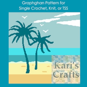 May include: A graphghan pattern for single crochet, knit, or TSS featuring a beach scene with two palm trees, white clouds, and blue water. The pattern is by Kari's Crafts.