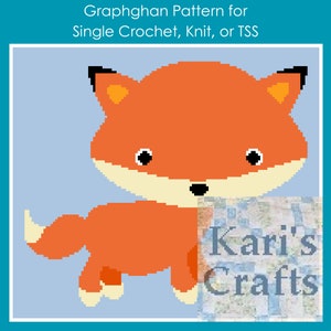 May include: A graphghan pattern for single crochet, knit, or TSS featuring a cute orange fox with black eyes and a white nose. The pattern is by Kari's Crafts.