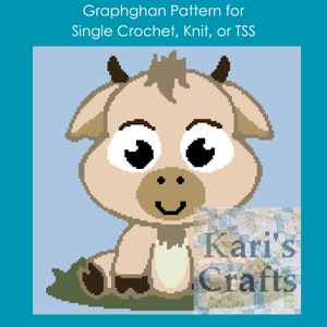 May include: A graphghan pattern for single crochet, knit, or TSS featuring a cute cartoon calf with brown horns, big eyes, and a happy expression. The calf is sitting on a green patch of grass. The pattern is by Kari's Crafts.