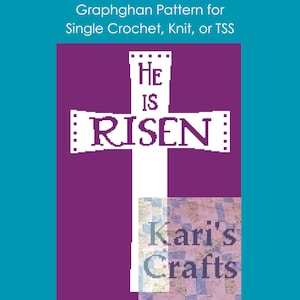 Puede incluir: Una cruz blanca con las palabras "He is Risen" sobre un fondo morado. Las palabras "Kari's Crafts" están en la esquina inferior derecha.