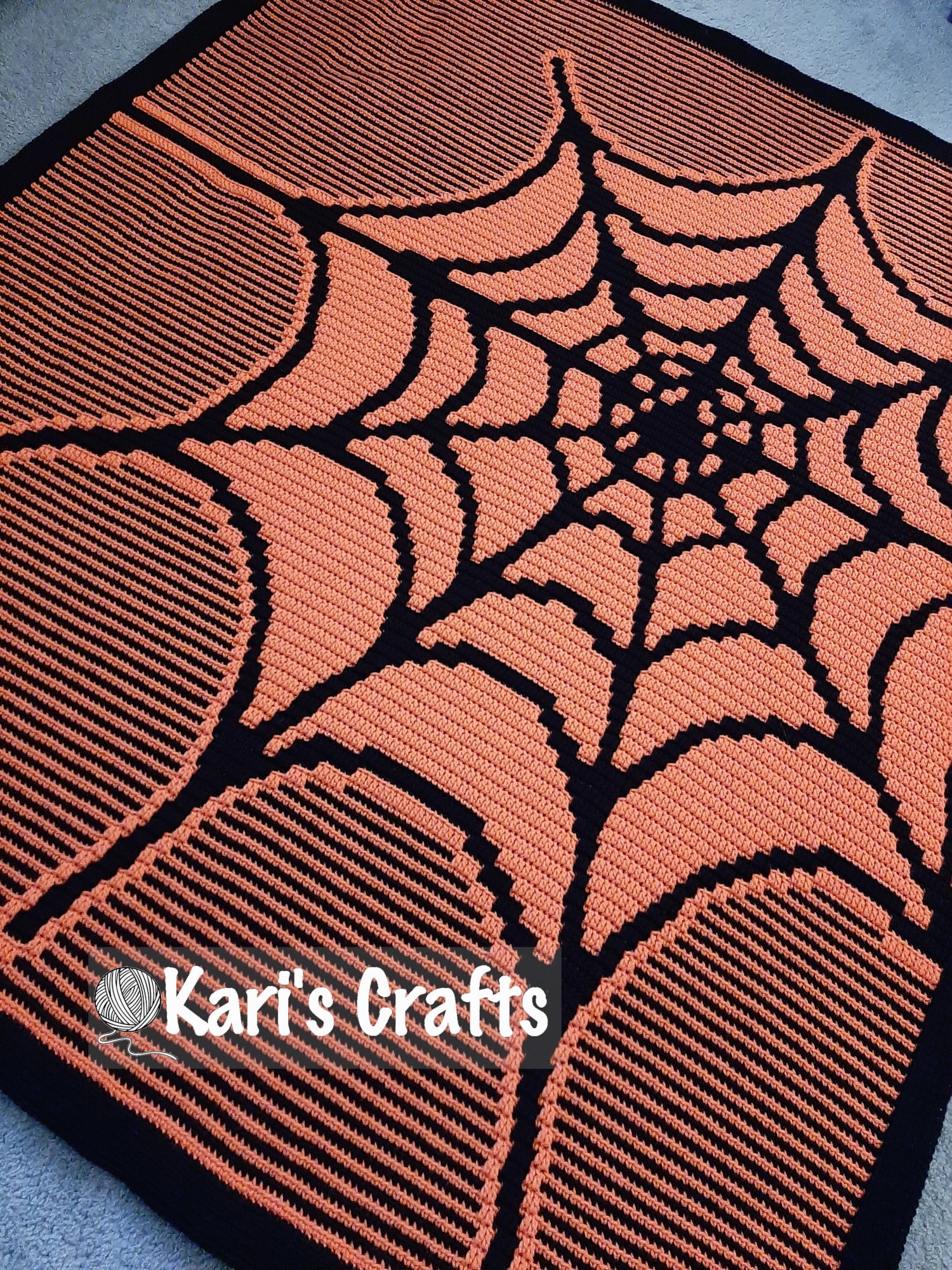 Hand Crocheted Spider Web Mosaic Afghan Throw Blanket: Orange