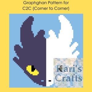 May include: A graphghan pattern for a corner to corner crochet project featuring a black and white dragon with a yellow eye. The pattern is by Kari's Crafts.