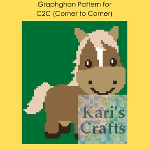 May include: A crochet graphghan pattern for a brown and white horse with a green background. The pattern is called "C2C (Corner to Corner)" and is from Kari's Crafts.