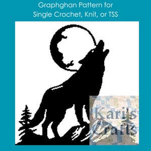 May include: Black and white silhouette of a wolf howling at the moon. The wolf is standing on a hill with a small tree behind it. The moon is a full moon and is behind the wolf's head. The image is a graphghan pattern for single crochet, knit, or TSS.
