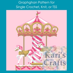 May include: A pink and gold crochet graphghan pattern for a carousel with two horses. The pattern is for single crochet, knit, or TSS. The pattern is by Kari's Crafts.