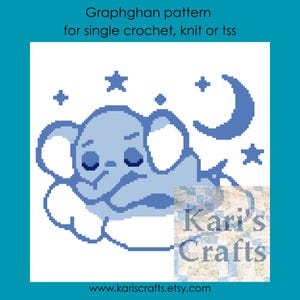 May include: A blue and white graphghan pattern featuring a sleeping elephant with a crescent moon and stars. The pattern is for single crochet, knit or tss. The text "Kari's Crafts" and "www.kariscrafts.etsy.com" is at the bottom of the image.