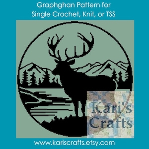 May include: A black and white graphghan pattern featuring a silhouette of a deer standing in front of a mountain range with a lake in the foreground. The pattern is titled "Graphghan Pattern for Single Crochet, Knit, or TSS" and includes the website "www.kariscrafts.etsy.com".