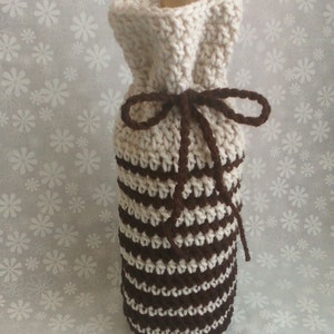 Hand Crocheted Wine Bottle Cozy Bag Offwhite Chocolate Brown image 2