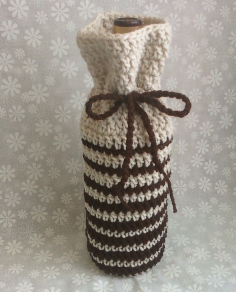 Hand Crocheted Wine Bottle Cozy Bag Offwhite Chocolate Brown image 2