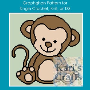 May include: A brown and beige monkey graphic for a crochet, knit, or tapestry stitch pattern. The monkey is sitting with its tail curled behind it. The graphic is on a light green background.