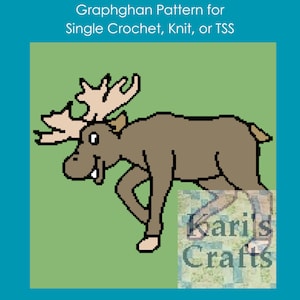 May include: A graphghan pattern for single crochet, knit, or TSS featuring a cartoon moose with brown fur and large antlers. The pattern is on a green background with the text "Kari's Crafts" in the lower right corner.