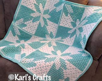 Hand Crocheted Hunter's Star Mosaic Croquilt Lap Afghan Baby Blanket Throw Aqua and White - Ready to ship
