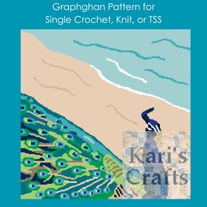 May include: A graphghan pattern for single crochet, knit, or TSS featuring a peacock tail and a beach scene with blue water and tan sand. The pattern includes the text "Kari's Crafts".